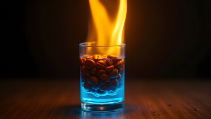 "Flaming sambuca shot glows blue under fire. Coffee beans shine like molten gold coins inside while anise vapors trail luminous paths through the air."