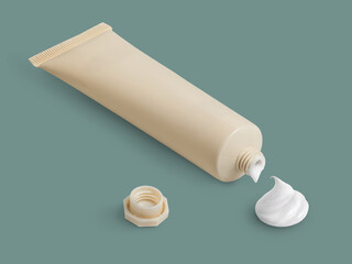 Cosmetic cream tube of flash color with white product squeezed on blue background