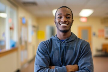 Obraz premium Young african american male volunteer at community center