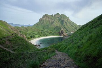 Labuan Bajo, Padar Island - 25 January 2025: Morning Clear blue sky and sea During green session at...
