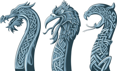 Decoration of the bow of the Viking rook. Design set. Editable hand drawn illustration. Vector vintage engraving. 