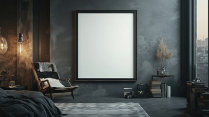 a bedroom with a large picture frame on the wall