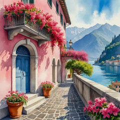 Fototapeta premium Watercolor illustration of springtime along the shores of Lake Como, Italy. Capture bright pink bougainvillea cascading over balconies, cobblestone paths lined with fresh flowers