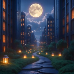 Obraz premium A serene 3D cityscape at dusk, featuring winding paths, glowing lanterns, skyscrapers, and a full moon.