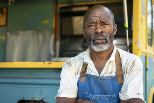Portrait of a middle aged african american male food truck owner standing in front of his truck - Powered by Adobe