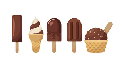 Set of chocolate ice-cream in flat style. Hand drawn cartoon stylisation. Summer vector illustration. Cocoa cold desserts. Chocolate day concept