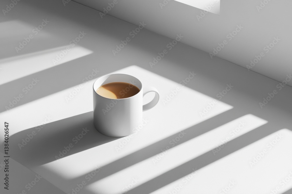 Poster Minimalist top-down view of a coffee cup on a clean white table with soft shadow highlighting elegant simplicity