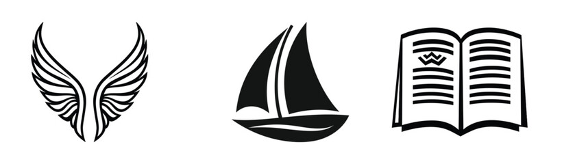 Wings Sailboat And Book Icons Set Black And White Illustration