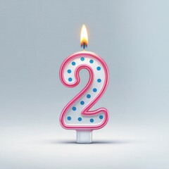 Lit Pink Number Two Birthday Candle with Blue Polka Dots Festive Celebration