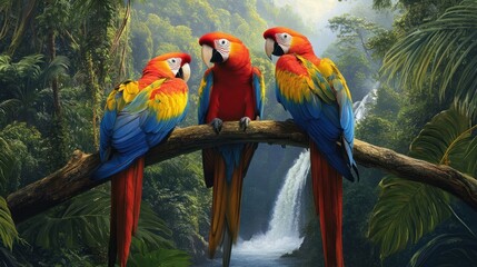 Three macaws on branch, rainforest waterfall background, nature wildlife scene, tropical poster