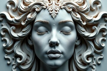 Intricate, repeating design resembling a human face, in shades of grey , abstract, illustration, background