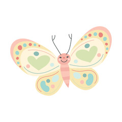 Cheerful butterfly with pastel heart wings and playful dots, ideal for whimsical designs, girly prints, and creative spring decor.