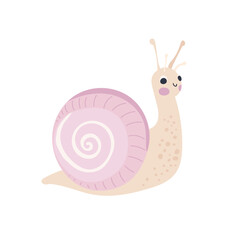 Soft white snail with blush cheeks and a pink spiral shell, perfect for gentle wildlife graphics, minimal nursery art, and garden-themed illustrations.