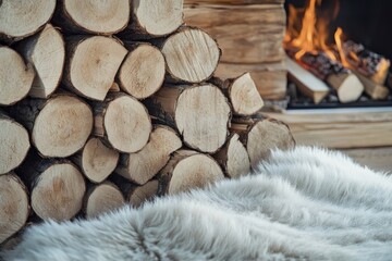 Close up of textured firewood by the fireplace, enhancing warmth in an elegant cabin setting.