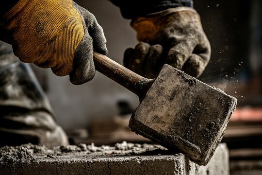 Dynamic action shot of a worker holding a hammer above a cinder block with tension in grip