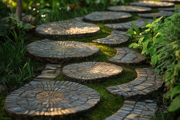 Close up of a curved mosaic pathway of river stones with moss filling the gaps in natural light