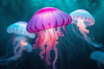  jellyfish with vibrant pink and white hues drift in dark blue water