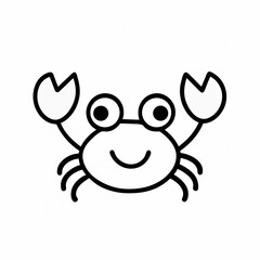 A cheerful, cartoon crab waves hello with a playful smile and big eyes, a simple black line drawing on a white background.