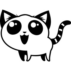 A cheerful, chubby cartoon kitty with big, expressive eyes and a playful striped tail, radiating joy and cuteness in a simple, bold black and white design.