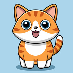 A cheerful orange tabby kitten with big, bright eyes, radiating pure joy and playful energy, in a simple, cartoonish style against a light blue background.