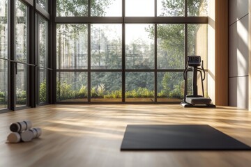 Fototapeta premium Bright and modern gym with minimalist decor, natural light, and yoga mat in a luxurious setting
