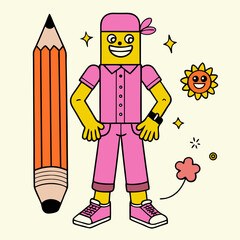 A cheerful pencil-headed character joyfully embracing creativity, radiating sunshine and happiness with bold outlines and bright pastel colors.