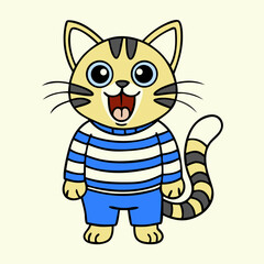 A cheerful tabby cat in a blue and white striped sweater joyfully poses, radiating happiness with its big eyes and playful expression against a light beige background.