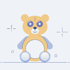 A sweet baby's first teddy bear, a charming friend with big, gentle eyes, ready for cuddles and playtime, in pastel yellow and blue tones with a minimalist design.