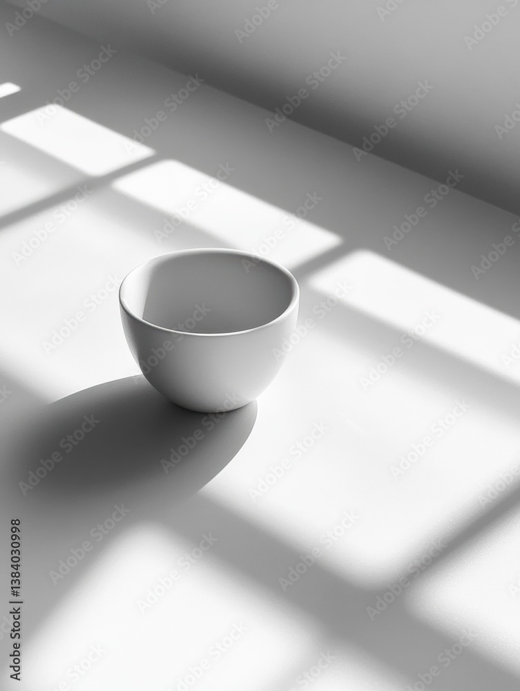 Poster minimalist top-down view of a coffee cup on a white table showcasing elegant simplicity and soft sha
