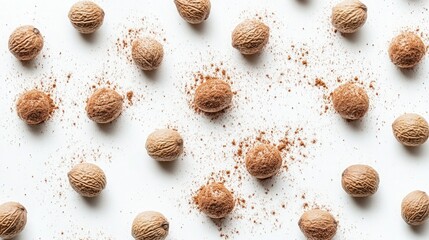A symmetrical grid of nutmeg seeds placed on the white surface