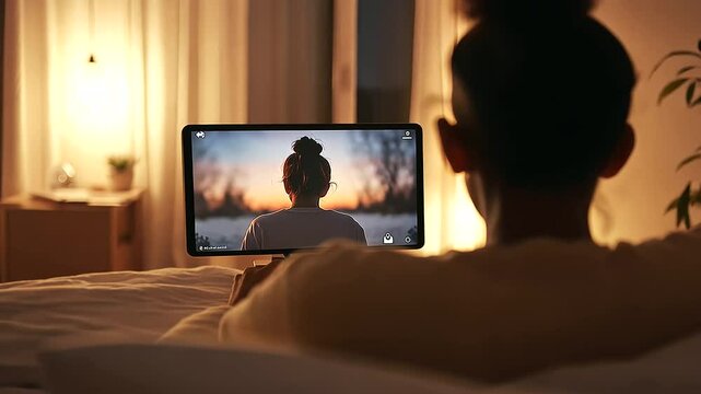 Woman video calling parents to share pregnancy news in a cozy evening room - Powered by Adobe