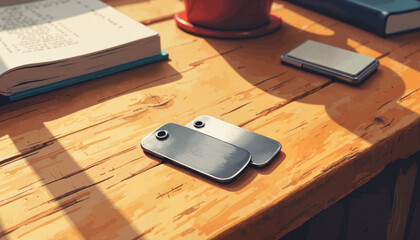 Brushed stainless steel dog tags on wooden table, personal keepsake