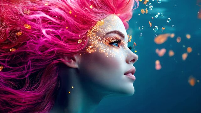 Surreal mermaid with vibrant pink hair flowing gracefully, fish and bubbles floating around. Magical atmosphere.
