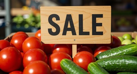 Wooden SALE sign over fresh vegetables in red and green colors indicating a promotion at a market stall
