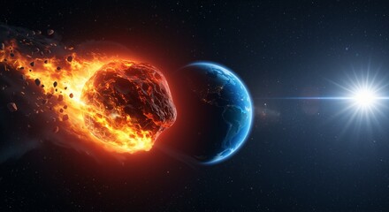 Flaming asteroid dramatically approaching Earth against a starry space background with sun flare