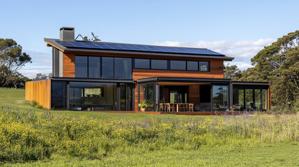 Modern eco house with solar panels and windmills to use alternative energy.3d rendering