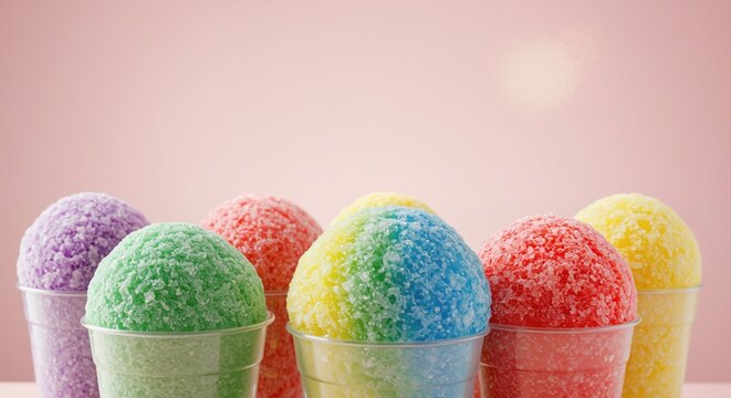 Colorful shaved ice cones arranged in clear cups against a soft pastel background, evoking a refreshing and joyful mood, perfect for warm weather treats