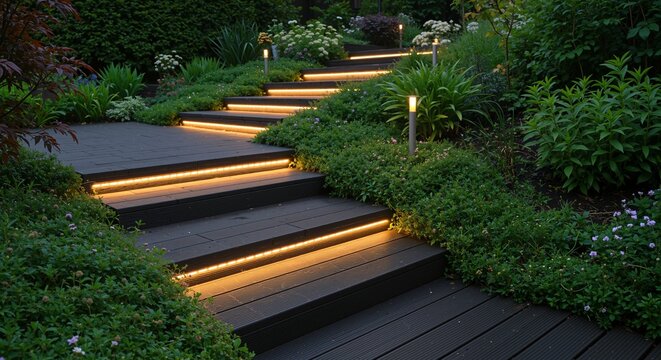 Illuminated garden pathway with soft lighting and lush greenery conveying a calm atmosphere ideal for evening strolls surrounded by flowering plants