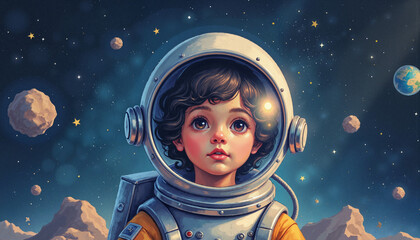 Child in astronaut helmet gazing at stars, imaginative exploration