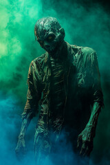 A zombie walks through a foggy room filled with eerie vibes