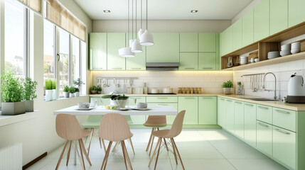 Fototapeta premium Modern kitchen decorated with light green cabinets and white countertops. With light brown chairs and minimalist hanging lights- 3D rendering