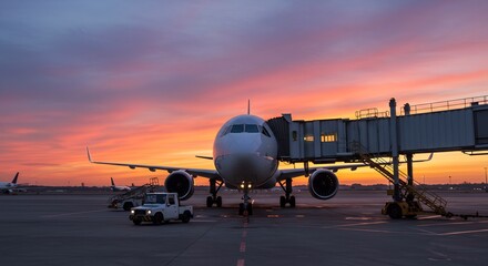 Fototapeta na wymiar Airplane at the Gate During a Vibrant Sunset at the Airport