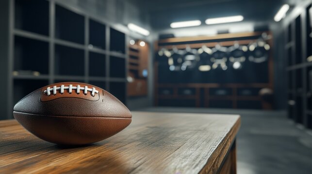 American football on wooden table in locker room with equipment in background.