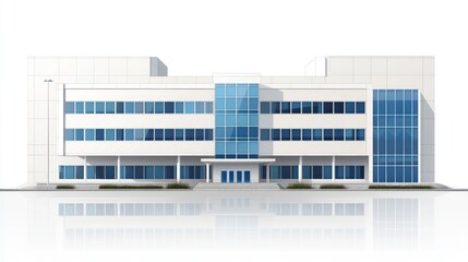 Modern office building, exterior view, white walls, glass windows, reflection, architectural design