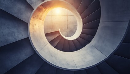 Fototapeta premium Abstract spiral staircase in dark gray concrete with bright sunlight shining through the center, creating a dramatic architectural and geometric perspective.