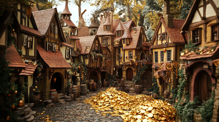 Fototapeta premium A quaint fairytale village street with a large pile of gold coins in the center.