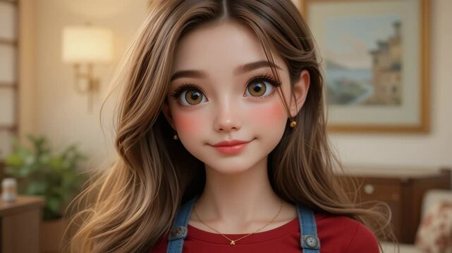 Close-Up of a Cute Animated Style Girl with Rosy Cheeks and a Gentle Smile