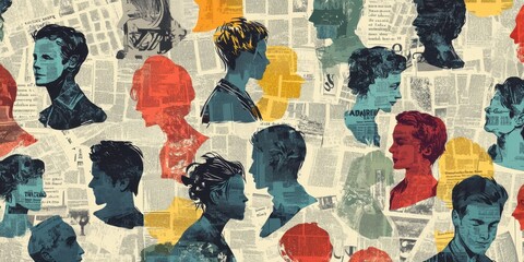 pattern with colorful silhouettes of people, their faces made from pages and newspaper textures Generative AI