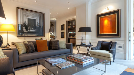 Bright and cozy modern living room interior have sofa and lamp with white wall background.3D Rendering 