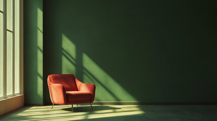 Bright and cozy modern living room interior with dark pink armchair on empty dark green wall background.3d rendering